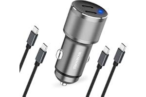 WORSORS Dual 45W USB C Car Charger, 90W Max Super Fast Charging, All Metal 12V Cigarette Lighter Adapter for iPhone 17 Pro Max/16/15/iPad, Samsung Galaxy S25/S24, Google Phones with 2 Type C Cable 3.3ft Gray