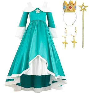 YorHele Galaxy Princess Costume for Girls, Rosalina Dresser with Crown, Wand, and Earrings, Kids Halloween Cosplay Costumes