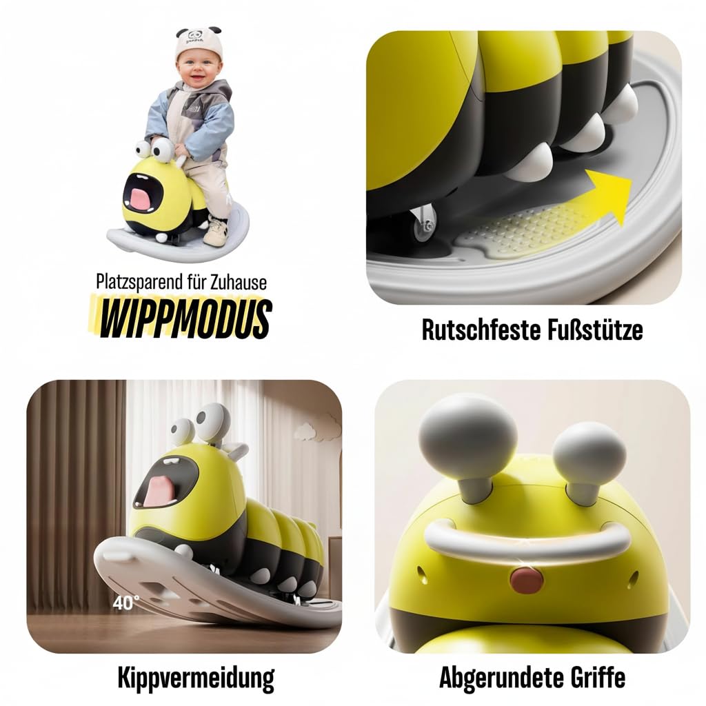 3in1 Rutschfahrzeug Babyroller + Schaukeltier + Balancierbrett, Yoyo Babyrutscher Rutschauto Geschenke ab 10 Monaten, PP Material, BPA-frei, max. 30kg, Gelb 6