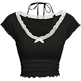 Verdusa Women's Contrast Lace Halter Neck Lettuce Trim Casual Crop Tee Tops