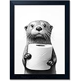 Bathroom Picture Wall Decor, Framed Black and White Bathroom Wall Art, Toilet Paper in Little Funny Raccoon's Hand Animal Canvas Print Painting