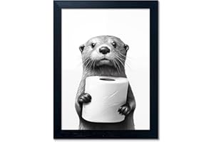 Bathroom Picture Wall Decor Black and White Framed Wall Art for Bathroom Toilet Paper in the Hand of a Little Funny Raccoon C