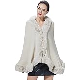 SUFCOMOU Women Faux Fur Shawl Wrap Cape with Fur Trim Sleeveless Cardigan Dressy Cloak Winter Poncho Coat for Wedding