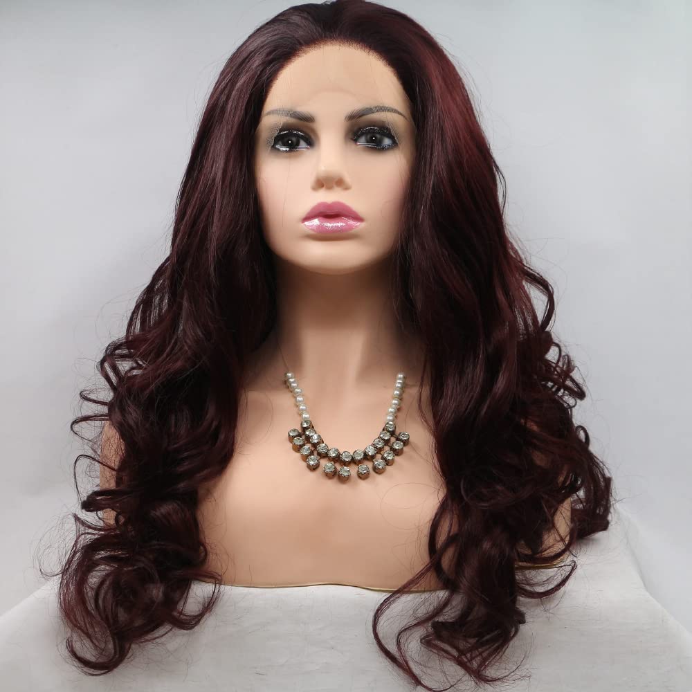 xiweiya Wigs 99J Burgundy Lace Front Wigs for Black Women Wine Red Soft Hair Glueless Body Wave Lace Wig High Density Synthetic Heat Resistant Fiber 13x3 Lace Wig Long Wavy for Halloween Cosplay Wigs