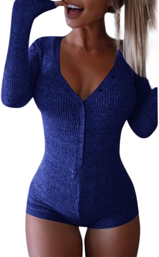 TANLANG Women's Long Sleeve V Neck Bodysuit Single-Breasted Knit One Piece Striped Cotton Solid Stretchy Romper Jumpsuit Tops