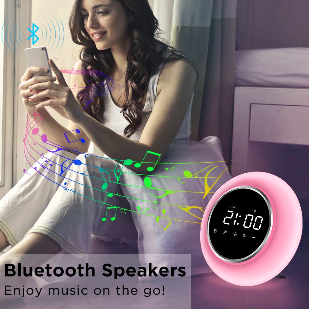 KZY Wake Up Light Alarm Clocks, Kids Alarm Clock Sleep Aid Night Light for Bedrooms, 9 Colors Bluetooth Speakers for Party, Festival