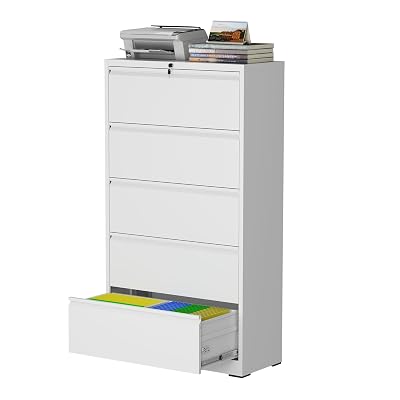 mysteeldepot 5 Drawer Lateral File Cabinet with Lock, Metal File Cabinet, Lateral File Cabinets for Home Office, Heavy Duty File Storage Cabinet for Legal/Letter/A4 Document, Assembly Required, White