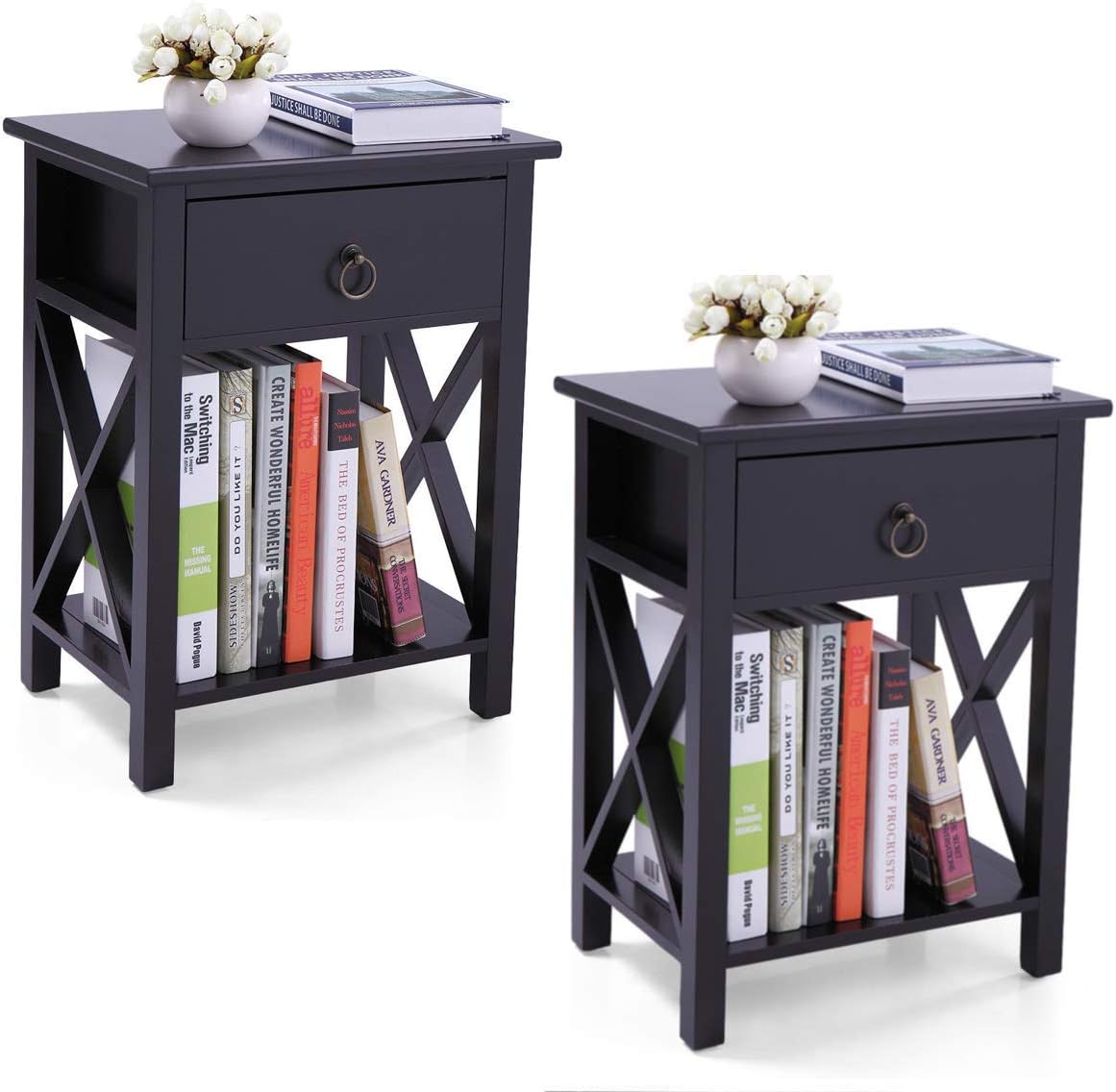 Cypress Shop Bedside Table Cross End Table Nightstand Couch Side Sofa Side Coffee Tea Table Desk Snack Book Rack Open Shelving Unit Shelf Rack With One Drawer Home Furniture Black Set Of