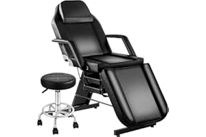 KIIUMI Tattoo Chair for Client, Facial Beds for Esthetician with Hydraulic Stool, Black Tilting Tattoo Artist Chair Adjustable Backrest Massage Table Spa Lash Beds Beauty 2-Trays, Black