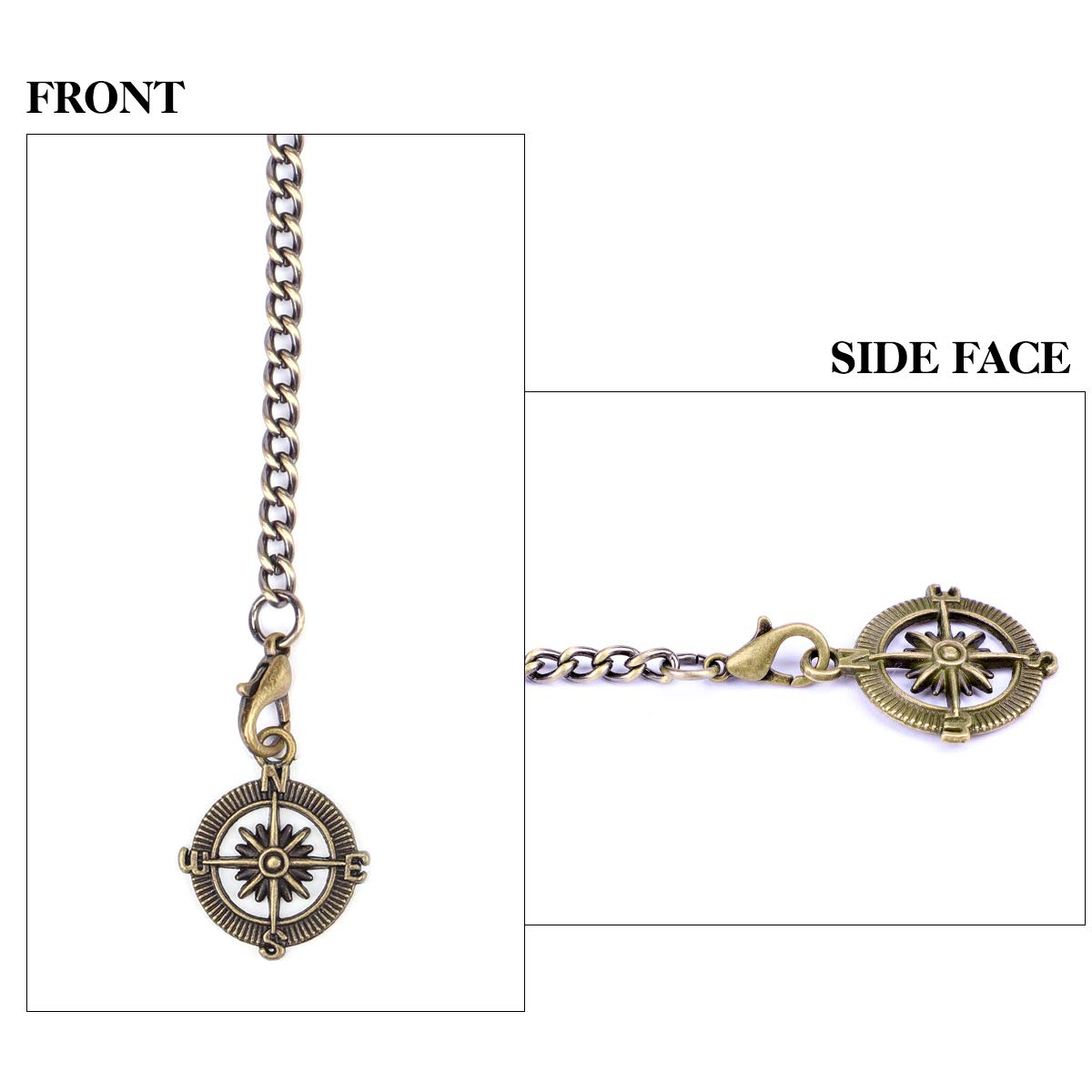 oyeaho OyeahO Albert Chain Pocket Watch, T-bar Chain with Compass Pendant, Curb Link Chain 2 Hook Antique Fob T Bar for Men