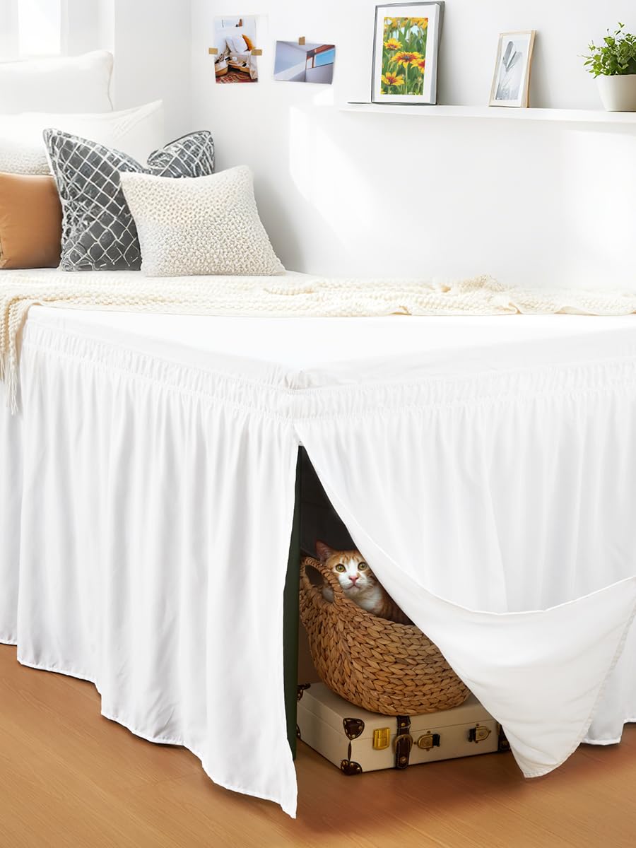 Photo 1 of RIMELA White Dorm Bed Skirt with Split Corners Twin XL Size 36 Inch Drop,Elastic Bed Skirting Extra Long Wrap Around, Easy Install Dust Ruffles Soft Fabric Machine Washable