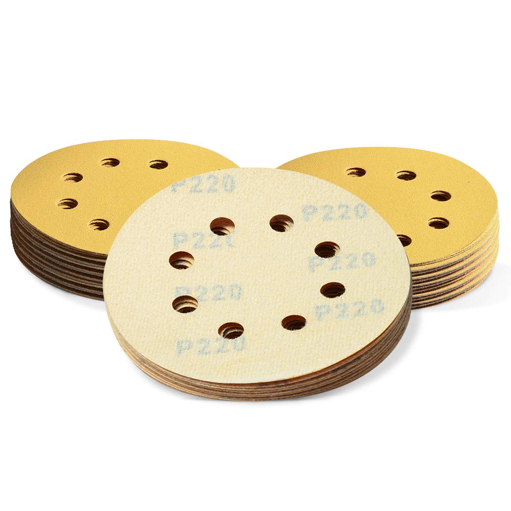 SPEEDWOX 50 Pcs 5 Inches 8 Hole Sanding Discs 220 Grit Dustless Hook and Loop Sandpaper for Random Orbital Sander Yellow Finishing Discs for Automotive Woodworking