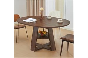 Hansweld 43.3"-59" Extendable Dining Table for 4-8, Mid Century Modern Round & Oval Table with Hidden Leaves Space-Saving, Cross Base with Storage Shelf for Kitchen Farmhouse (Brown)