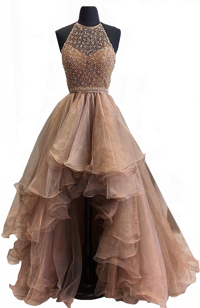 Suzy Bridal Halter Beaded Bodice Backless High Low Organza Prom Formal