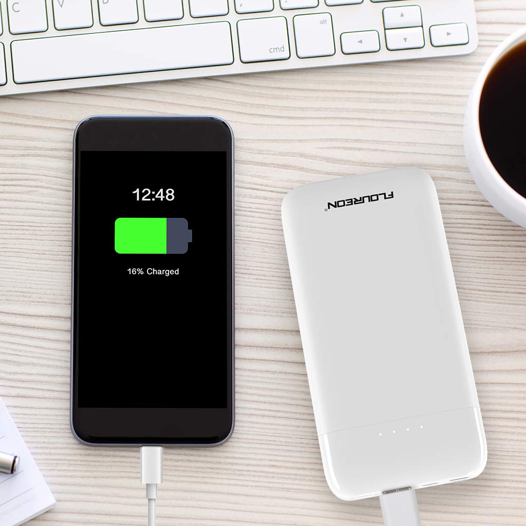 FLOUREON 10000mAh Portable Power Bank External Battery Pack Type C Phone Charger (USB Cable Included) with QC 3.0 High Speed Output for Smart Phones, Tablet, and More(White)