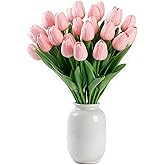SHUERIET Pink Faux Tulips Real Touch (20 Pcs) - 13.5 Inch Premium PU Artificial Flowers for Valentine's Day, Spring & Easter Home Decor, Wedding Bouquet