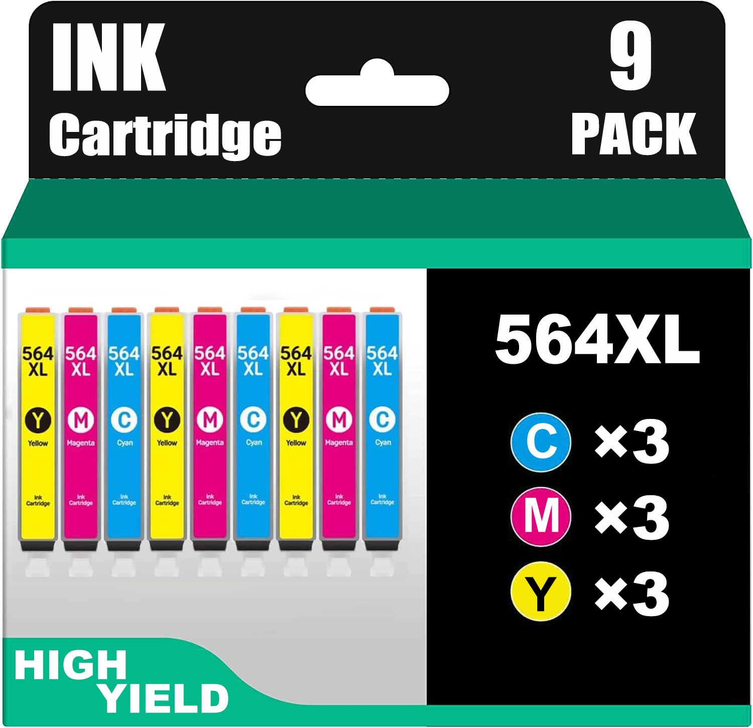 Photo 1 of 564XL High Yield Ink Cartridges, Replacement for HP 564 Combo Pack to use with Photosmart 7520 6520 5520 5510, OfficeJet 4620 4622, DeskJet 3520 3522 (3 Cyan, 3 Magenta, 3 Yellow, 9 Pack)