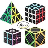 BUDI 4 Pcs Speed cube, 2x2+3x3+Pyraminx+Oblique Puzzle Cube Cool Rubicks Cube, Carbon Fiber Stickers Cool Smooth Puzzle Games for Brain Teasers Puzzle Enthusiasts Cube Beginners