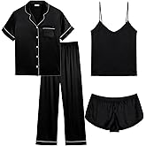 SWOMOG Women's Plus Size Pajamas Silk Satin Pajama Set Short Sleeve Shirt with Full-Length Pants Pjs Sleepwear Set 18W-26W