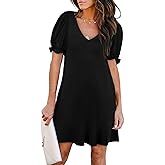 Aloodor Women's Casual Dresses Short Sleeve V-Neck Dress with Pockets