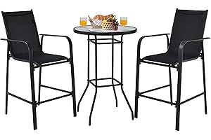 Tangkula 3 Pieces Outdoor Patio Bar Set, Outdoor Bistro Set with 2 Bar Stools and 1 Tempered Glass Bar Table, Bar Height Patio Table and Stools Set for Backyard, Garden, Lawn (Black)