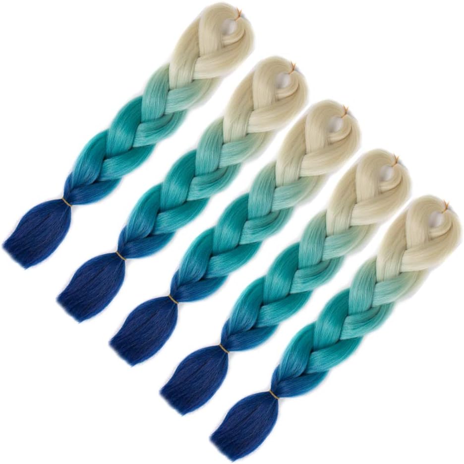 MSBELLE 5 Pcs Synthetic Braiding Hair Extensions Kanekalon Braiding Hair Ombre Jumbo Braids Hair for Black Women(Creamy White-Lake Blue-Sapphire Blue)