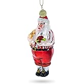 Santa with Teddy Bear and Gift Glass Christmas Ornament