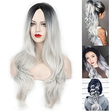 Shuohan 28inches Silver Long Wave Wigs For Women Middle Part