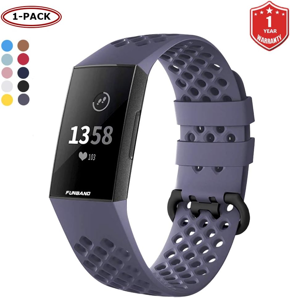 FunBand for Fitbit Charge 3/Charge 4 Strap Bands, Easy Adjust Breathable with Ventilation Holes Soft Silicone Sport Replacement Accessory Bracelet Straps Fitness Activity Wristband
