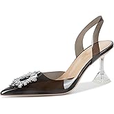 Fericzot Women's Clear Heels Shoes,Slingback Crystal Rhinestones Wedding Pointed Toe Shoes High Heel Sandals