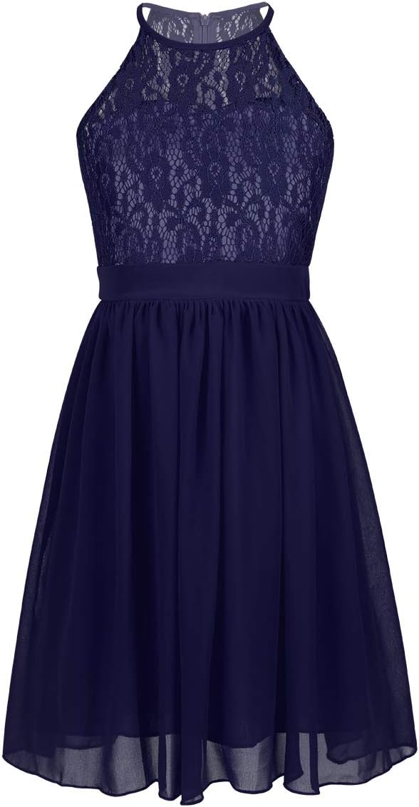 Kids Big Girls Halter-Neck Floral Lace Junior Bridesmaid Dress Dance Party Birthday Wedding Long Gown