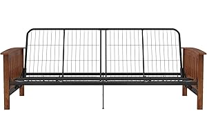 REALROOMS Elbi Full Size Wood Arm and Black Metal Futon Frame, Natural