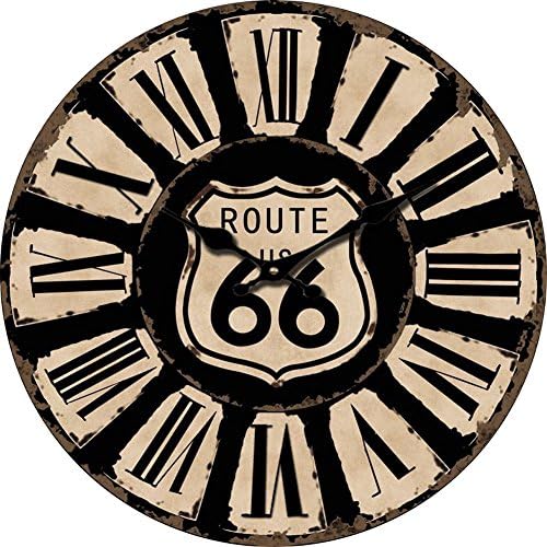 Yung Jo 12" Vintage Rustic Country Tuscan Style,Route 66 Road Sign, Roman Numerals Design Wooden Round Decorative Wall Clock (66 Road)