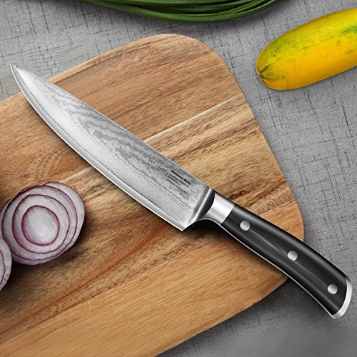 Damascus Chef Knife, 8-inch Kitchen Knife, AUS10V Japanese High Carbon Stainless Steel with Razor Sharp Blade/Gift Sheath/Gift Box Included