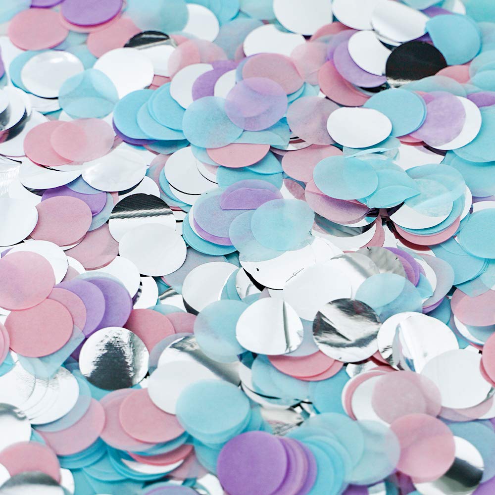 2.5cm Paper and Foil Confetti Pastel Mix Round Tissue Confetti 6000pcs for Parties Weddings Birthday Party Balloon Table Decoration (Lilac, light Blue, Light Pink, Silver)