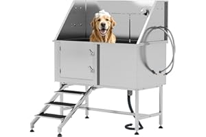 Albott 50 in Professional Dog Washing Station - 304 Stainless Steel Pet Bathtub with Stairs Features Adjustable 3-Speed Showerhead, Removable Grates, Easy to Clean, L-Size (Left)