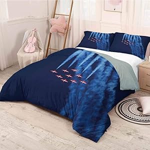 prunushome Airplane Duvet Cover Quilt Set Digital View Canadian Descending Snowbirds Up in The Air Military Flight Image Modern Style Lightweight Durable Dark Blue Red Twin