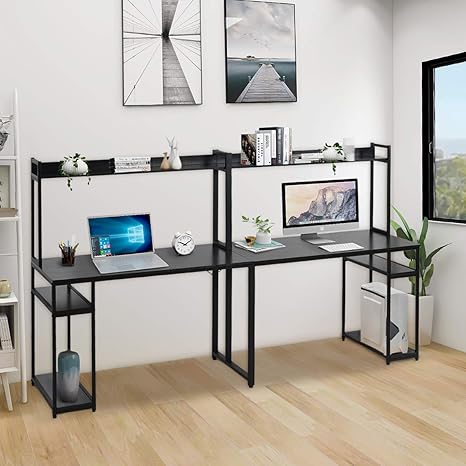 Amazon Com Danxee 95 Inch Two Person Desk Extra Long Modern Computer Desk With Storage Shelves Double Workstation Office Desk Multifunction Writing Desk With Shelf Black Kitchen Dining