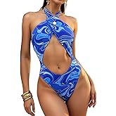 ChiaoLezhee Womens Sexy Halter Monokini, Criss-Cross Underboob, One Piece High-Cut Thong Swimsuit Beach Pool Party Size S-XXL