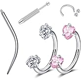 LAURITAMI 18G 20G Horseshoe Nose Rings Studs,Surgical Steel Nose Ring Pink Cubic Zirconia Nose Piercing,Internally Threaded Nose Rings For Women,Pink and Silver Zirconia