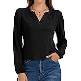 AIMILIA Women's Long Sleeve Notched Neck Shirts, Fall Loose Fit Work Blouses Dressy Business Casual Pleated V-Neck Tunic Tops