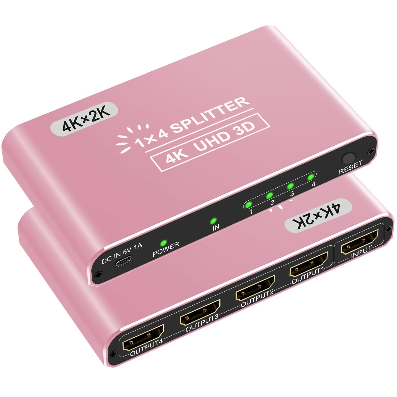 HDMI Splitter 1 in 4 Out, 4K@30Hz 4-Port Hub for 4 Monitors, Supports 3D, Full HD 1080P, Aluminum Design, Compatible with PS4, Fire Stick, HDTV (1 Source to 4 Displays, Mirroring Only) - Pink