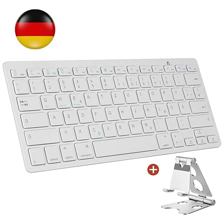 AGPTEK Kabellose Bluetooth Tastatur, Deutsches Bluetooth Tastatur (QWERTZ) mit Zusammenklappbarem Metall Ständer für Apple, iPad, Tablet, Handy, geeignet für iOS, Android, Windows Systeme - MEHRWEG