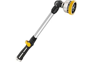 FANHAO Metal Garden Hose Wand, 16-Inch Heavy Duty Watering Wand with 9 Spray Patterns, 180° Rotating Long Garden Hose Nozzle Thumb Flow Control, Ideal to Water Hanging Baskets and Shrubs -Yellow