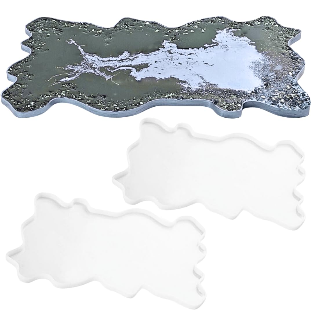 2 Large Resin Tray Mould, Irregular Edge Silicone Fruit Tray Dish Plate UV Casting Epoxy Rectangle Scallop Agate Fruit Kitchen Platter (2)