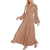 MITILLY Women's Elegant Floral Long Sleeve Round Neck Smocked A-Line Flowy Tiered Maxi Dress with Pockets