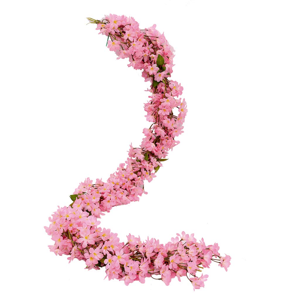 JUSTOYOU 2 x 5.7 ft Artificial Sakura Cherry Blossom Hanging Flowers Vine Fake Sakura Garland Fake Oriental Garland Garland Home Garden Wedding Party Decor (Pink)