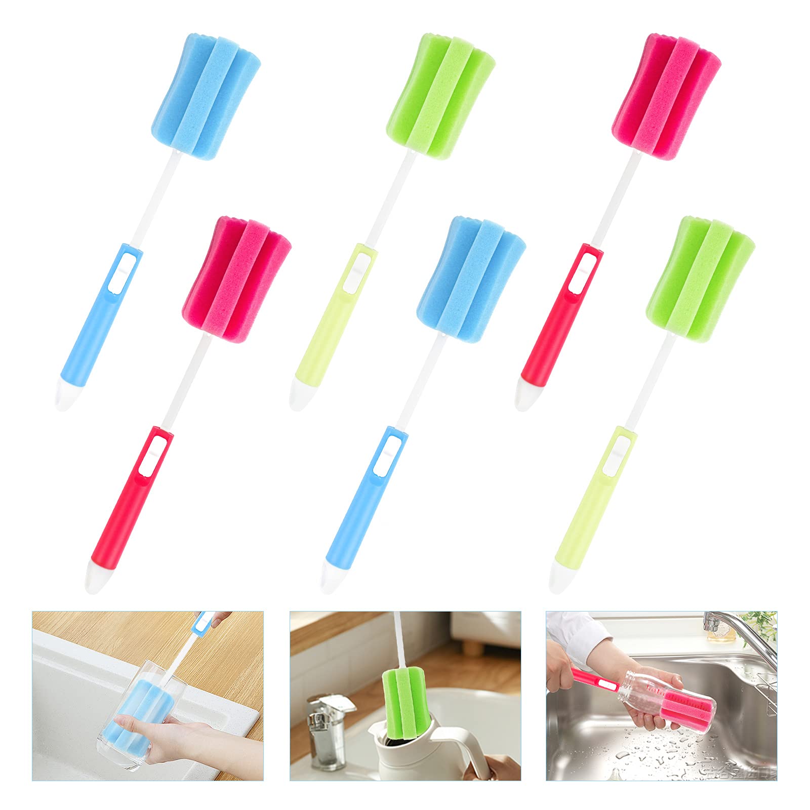 Bottle Sponge Brush 6 Pcs Foam Cleaning Brush Adjustable Sponge Bottle Brush for Bottle Wine Jug Thermos Bottle Wine (Red Blue Green)