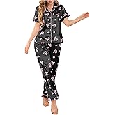 WDIRARA Women's Bow Print Satin Pajama Set Button Down Short Sleeve Pants 2 Piece Sleepwear Pjs