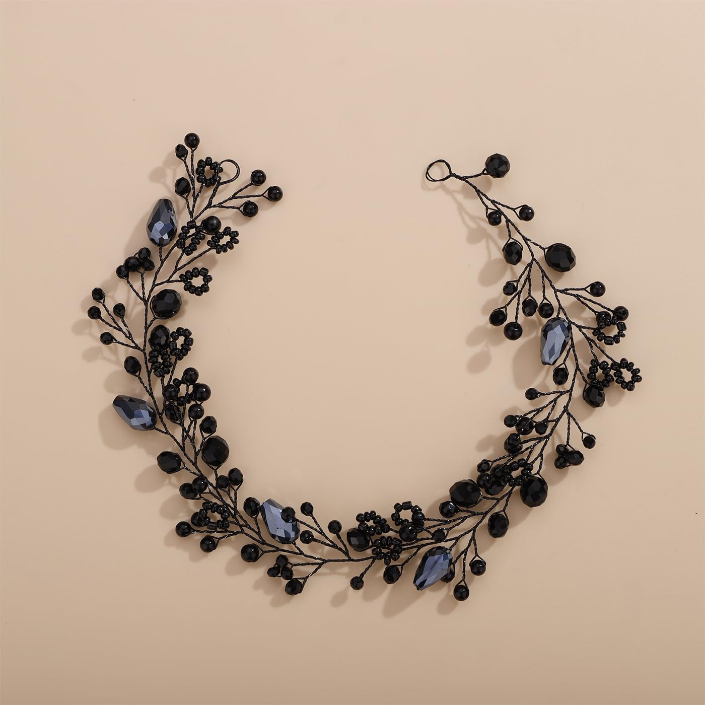 Kercisbeauty Vintage Handmade Black Beads Headband for Women Girls Crystal Headpiece Hair Accessories for Halloween Party Photo Shoot Hair Jewelry